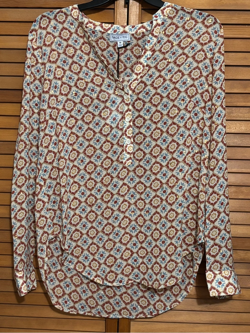 Sage & Fig Cream and Rust Printed Long-Sleeve sheer Blouse
